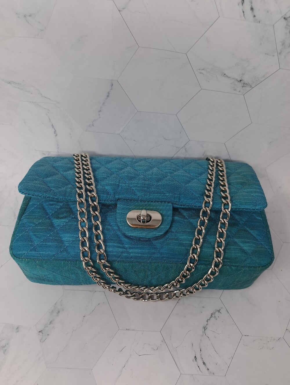 Vintage Newport News Easy Style Quilted Flap Shoulder Bag - Sand & Turquoise